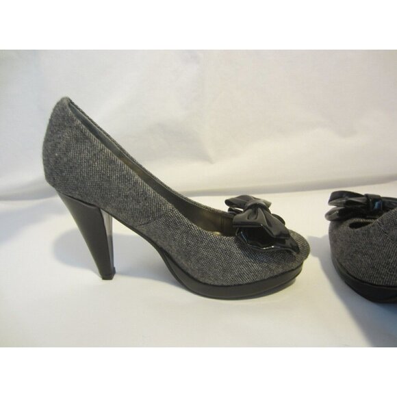 CINDERELLA BOSTON gray heather fabric black bow platform heel shoes 5 M - Picture 5 of 9